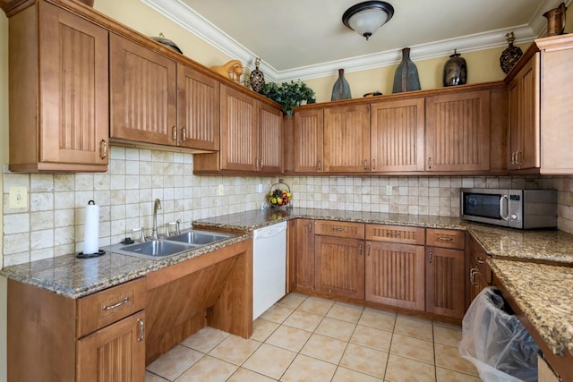 846 Colchester Dr, Oswego, IL 60543 - kitchen featuring stainless steel microwave, dishwasher, ornamental molding, brown cabinetry, and light tile patterned flooring