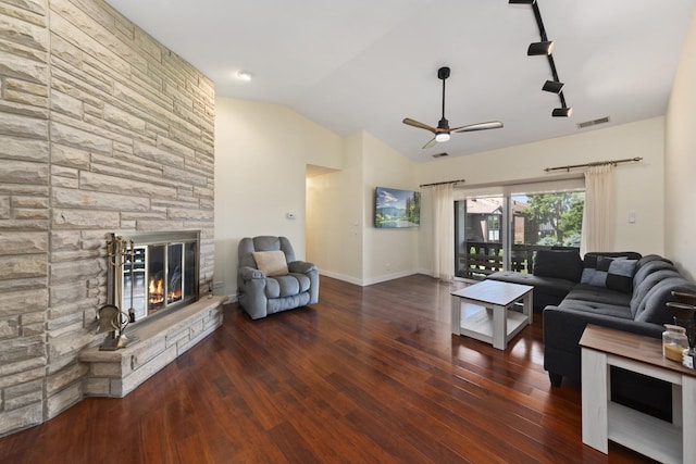 12912 Mill Dr E, Palos Park, IL 60464 - living area with a fireplace, ceiling fan, wood finished floors, and lofted ceiling