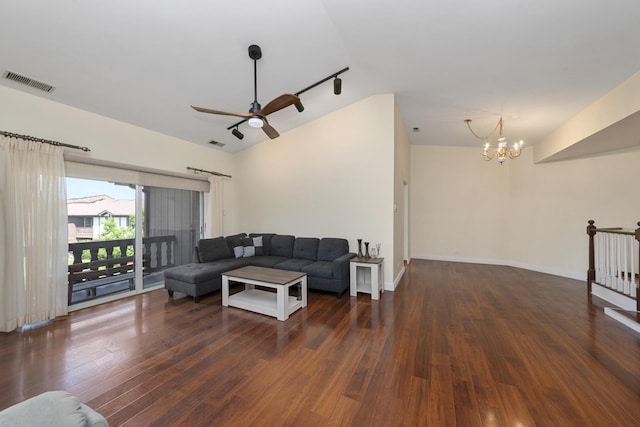 12912 Mill Dr E, Palos Park, IL 60464 - living area with a chandelier, vaulted ceiling, hardwood / wood-style flooring, a ceiling fan, and rail lighting