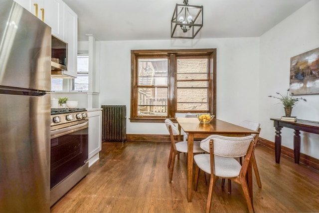 2112 N Seminary Ave Unit 19, Chicago, IL 60614 - dining room with radiator heating unit, wood finished floors, and a chandelier
