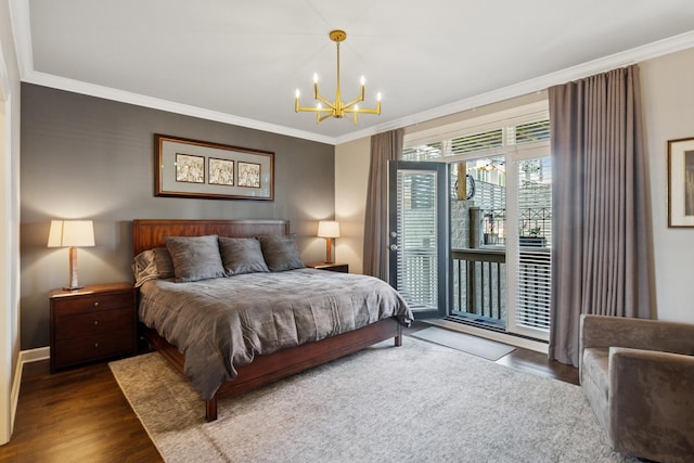 3547 N Fremont St Unit 1N, Chicago, IL 60657 - bedroom with access to exterior, wood finished floors, ornamental molding, and a chandelier