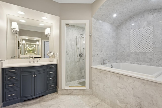 3547 N Fremont St Unit 1N, Chicago, IL 60657 - bathroom featuring a garden tub, vanity, a tile shower, marble finish floors, and recessed lighting