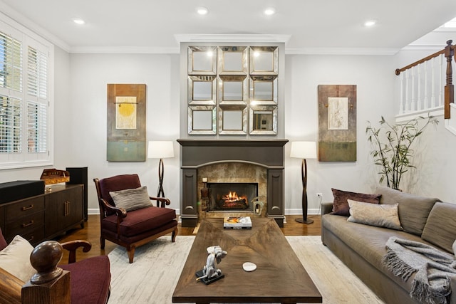 3547 N Fremont St Unit 1N, Chicago, IL 60657 - living area featuring wood finished floors, ornamental molding, recessed lighting, and a warm lit fireplace
