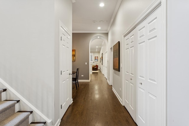 3547 N Fremont St Unit 1N, Chicago, IL 60657 - hallway featuring ornamental molding, arched walkways, recessed lighting, dark wood-type flooring, and stairway