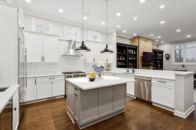 3547 N Fremont St Unit 1N, Chicago, IL 60657 - kitchen featuring a peninsula, stainless steel appliances, wall chimney range hood, ornamental molding, and decorative backsplash