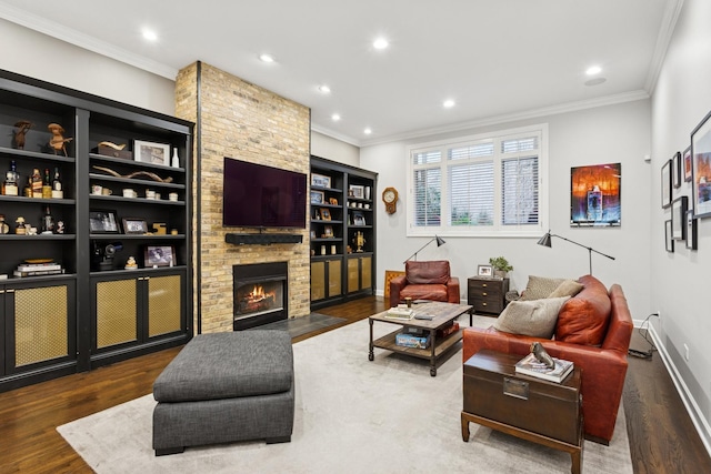 3547 N Fremont St Unit 1N, Chicago, IL 60657 - living area featuring wood finished floors, crown molding, recessed lighting, and a brick fireplace