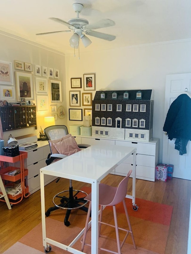 6712 N Maplewood Ave, Chicago, IL 60645 - office area featuring wood finished floors, ceiling fan, and ornamental molding