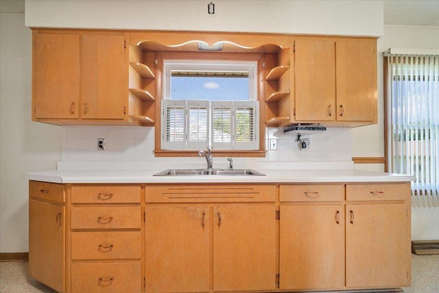 200 S Madison St, Towanda, IL 61776 - kitchen featuring open shelves, backsplash, and light countertops