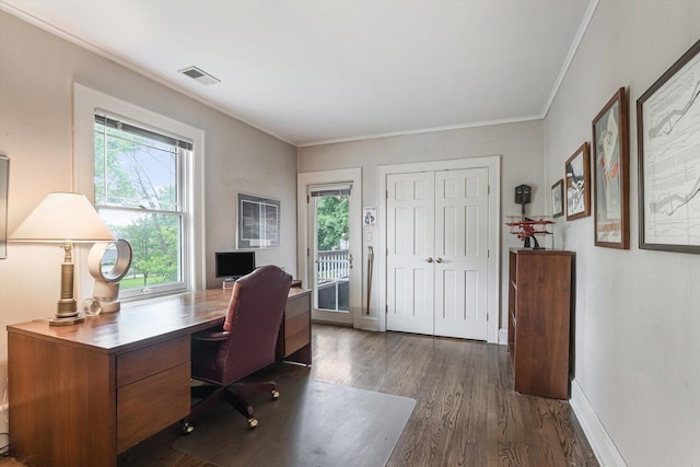 718 S Washington Ave, Park Ridge, IL 60068 - home office featuring plenty of natural light, dark wood-style floors, and crown molding