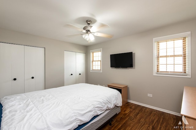 8619 Koehler Dr, Tinley Park, IL 60487 - bedroom featuring multiple closets, dark wood-type flooring, and ceiling fan