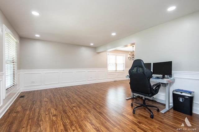 8619 Koehler Dr, Tinley Park, IL 60487 - home office with wood finished floors, wainscoting, a decorative wall, recessed lighting, and a chandelier
