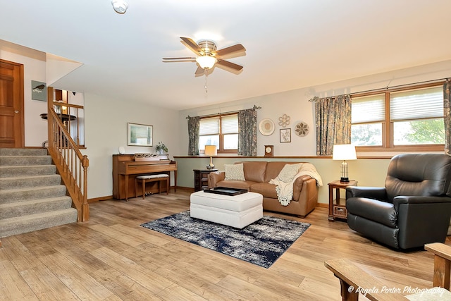 3406 W Bretons Dr, Mchenry, IL 60050 - living room featuring ceiling fan, stairs, and light wood-style flooring