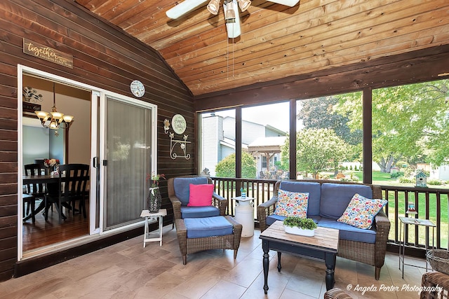 3406 W Bretons Dr, Mchenry, IL 60050 - sunroom / solarium with lofted ceiling, a ceiling fan, outdoor lounge area, and a chandelier