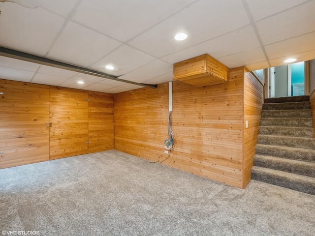 11880 Everglades Rd, Huntley, IL 60142 - finished below grade area with carpet flooring, wooden walls, a drop ceiling, stairs, and recessed lighting