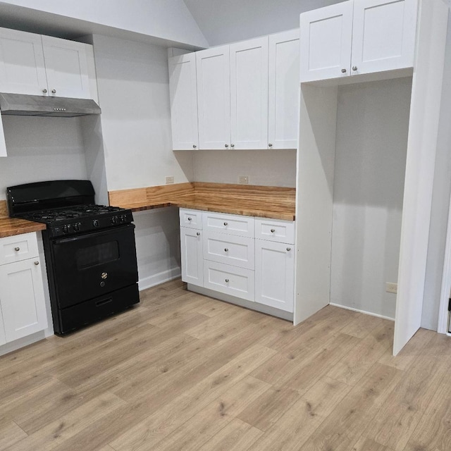 210 Brierhill Dr, Round Lake Park, IL 60073 - kitchen featuring black gas stove, under cabinet range hood, wood counters, light wood finished floors, and white cabinets