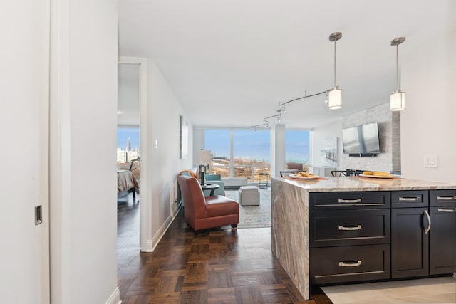 601 E 32nd St Unit 1002, Chicago, IL 60616 - kitchen with light stone countertops, open floor plan, decorative light fixtures, dark cabinets, and a peninsula