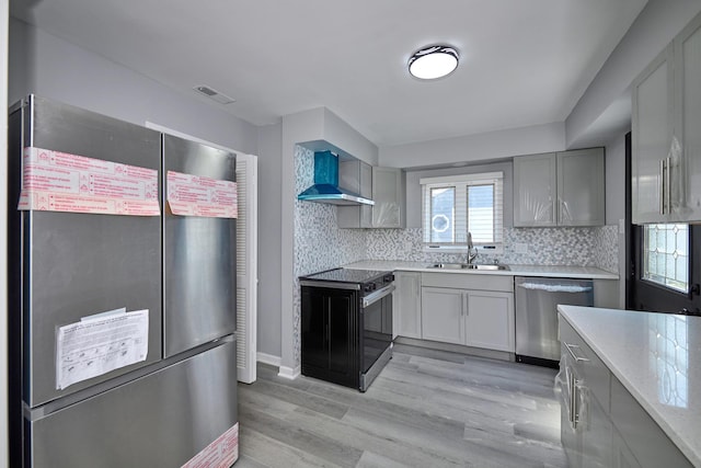 257 N Grace St, Lombard, IL 60148 - kitchen featuring appliances with stainless steel finishes, wall chimney exhaust hood, gray cabinetry, light wood-style floors, and backsplash