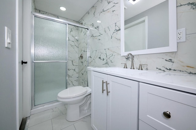 257 N Grace St, Lombard, IL 60148 - bathroom featuring marble look tiles, vanity, a marble finish shower, and recessed lighting