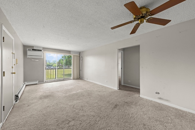 119 Boardwalk St Unit 1W, Elk Grove Village, IL 60007 - unfurnished room with a wall unit AC, a textured ceiling, carpet flooring, a ceiling fan, and a baseboard heating unit