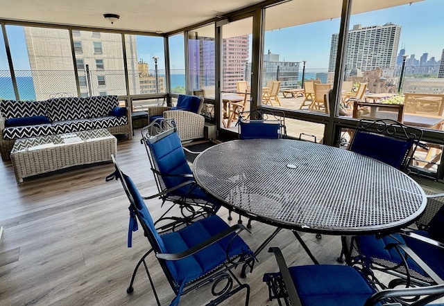 360 W Wellington Ave Unit 13E, Chicago, IL 60657 - sunroom / solarium featuring a view of city, wood finished floors, a wall of windows, and a water view