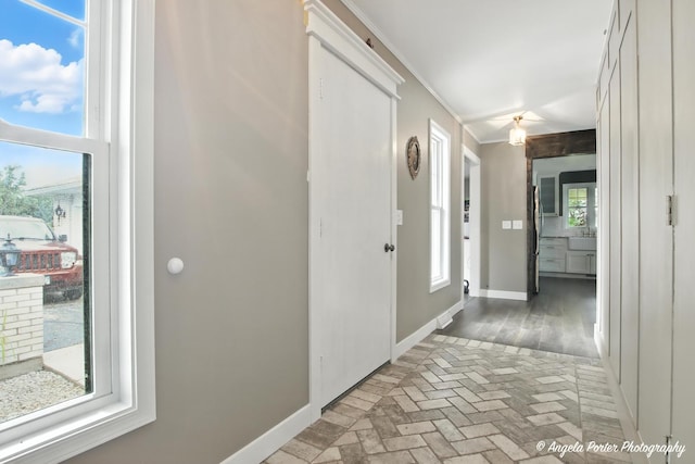 22039 W N Ave, Antioch, IL 60002 - entrance foyer with ornamental molding and brick flooring