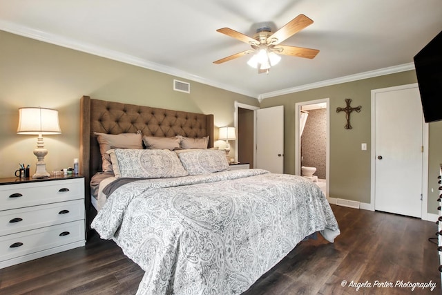 22039 W N Ave, Antioch, IL 60002 - bedroom featuring dark wood-style floors, ornamental molding, ensuite bath, and a ceiling fan