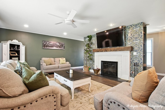 22039 W N Ave, Antioch, IL 60002 - living area featuring ceiling fan, wood finished floors, recessed lighting, and a fireplace