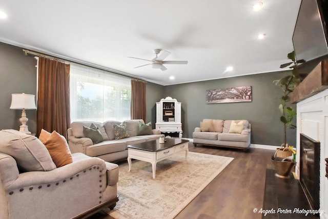 22039 W N Ave, Antioch, IL 60002 - living area with a ceiling fan, a fireplace, dark wood-style flooring, and recessed lighting