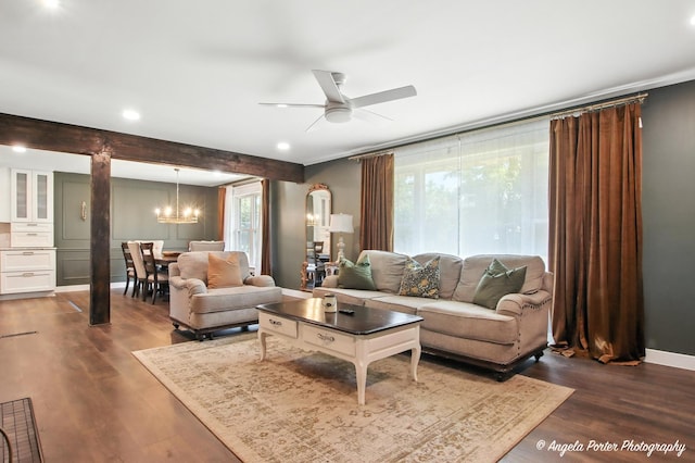 22039 W N Ave, Antioch, IL 60002 - living room with a ceiling fan, a chandelier, dark wood finished floors, recessed lighting, and beamed ceiling