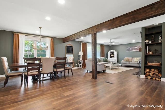 22039 W N Ave, Antioch, IL 60002 - dining area with plenty of natural light, recessed lighting, ceiling fan, dark wood-style floors, and beamed ceiling