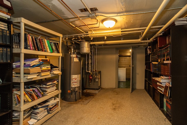 2815 W Fitch Ave, Chicago, IL 60645 - unfinished basement with gas water heater, a heating unit, and carpet flooring