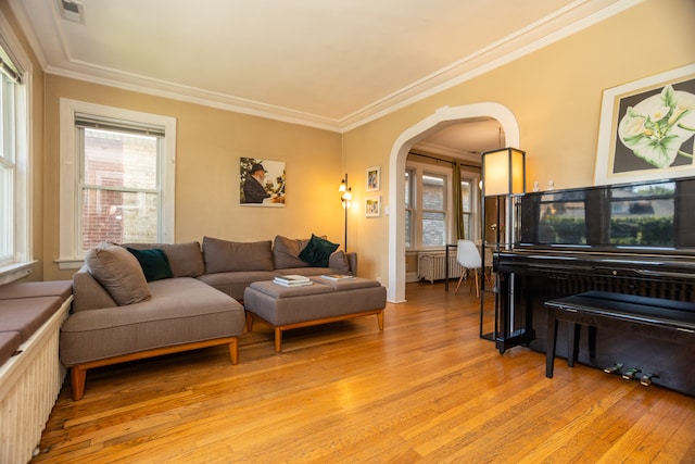 2815 W Fitch Ave, Chicago, IL 60645 - living area with radiator heating unit, light wood-style floors, arched walkways, and crown molding
