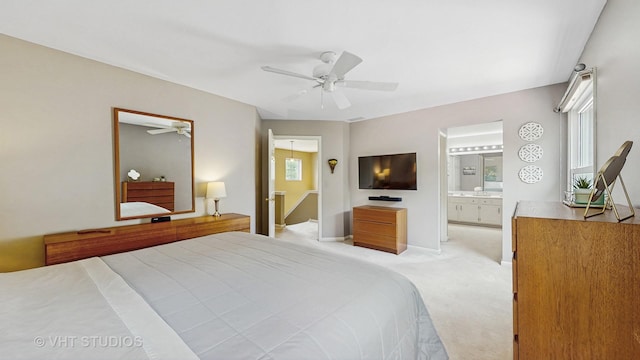 654 Linden Dr, Carol Stream, IL 60188 - bedroom with light carpet, ensuite bath, multiple windows, and ceiling fan