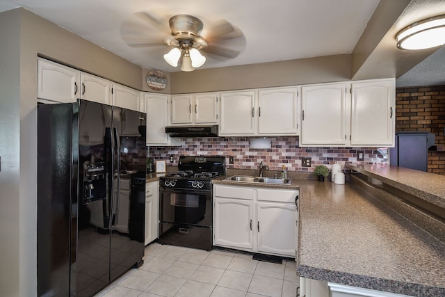 1747 Pleasant Ave, Saint Charles, IL 60174 - kitchen featuring black appliances, under cabinet range hood, light tile patterned floors, ceiling fan, and white cabinets