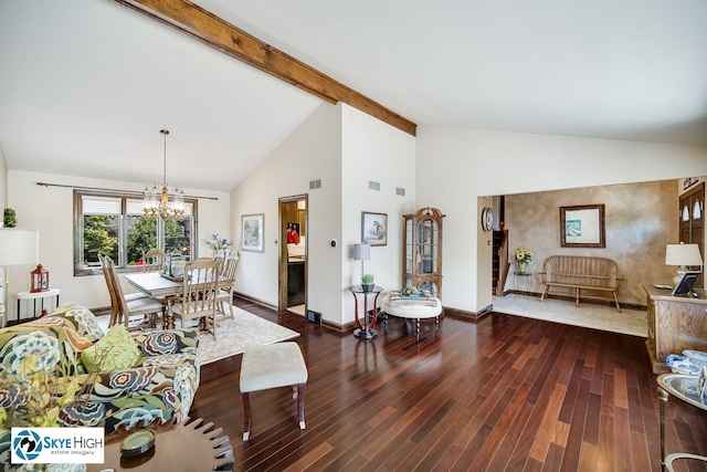 14463 S Canvasback Ct, Homer Glen, IL 60491 - living area featuring a chandelier, wood finished floors, beam ceiling, and high vaulted ceiling
