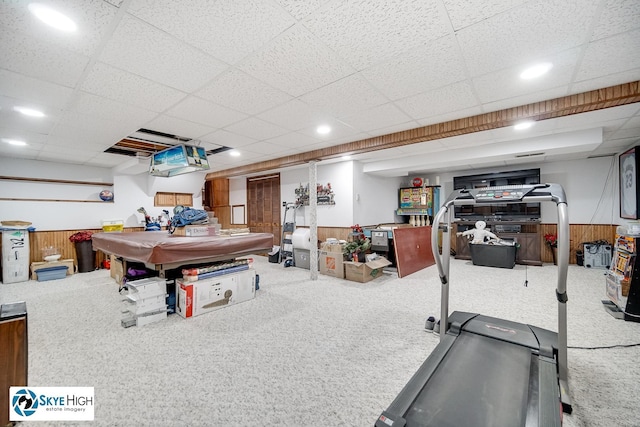 14463 S Canvasback Ct, Homer Glen, IL 60491 - recreation room featuring carpet flooring, a wainscoted wall, a paneled ceiling, pool table, and wood walls
