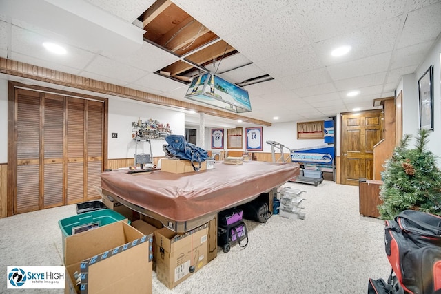 14463 S Canvasback Ct, Homer Glen, IL 60491 - rec room featuring carpet, a drop ceiling, pool table, wooden walls, and recessed lighting