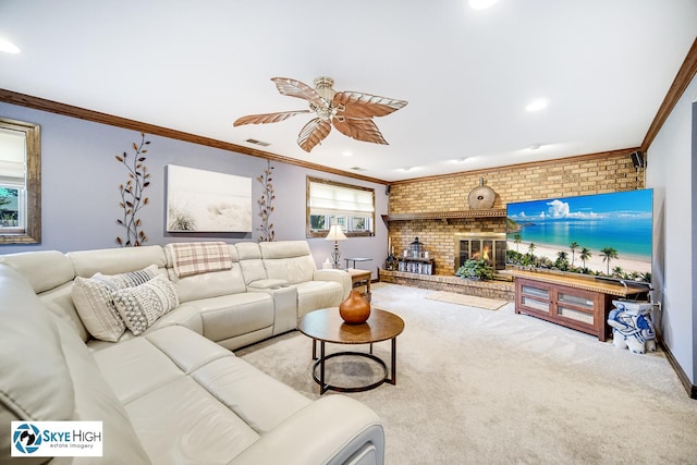 14463 S Canvasback Ct, Homer Glen, IL 60491 - carpeted living room featuring ornamental molding, ceiling fan, a fireplace, recessed lighting, and brick wall