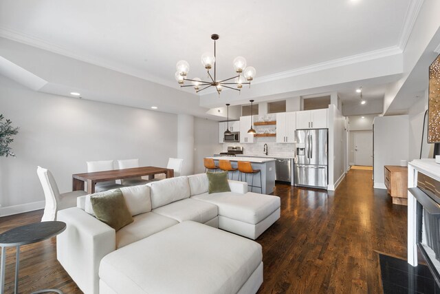 165 N Canal St Unit 1219, Chicago, IL 60606 - living area featuring a chandelier, ornamental molding, dark wood finished floors, and recessed lighting