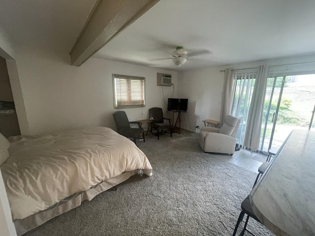 45 Nassau Colony Unit 4, Fox Lake, IL 60020 - bedroom featuring access to outside, carpet, tile patterned floors, an AC wall unit, and beamed ceiling