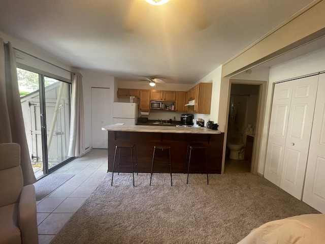 45 Nassau Colony Unit 4, Fox Lake, IL 60020 - kitchen with freestanding refrigerator, stainless steel microwave, a peninsula, light countertops, and a breakfast bar area