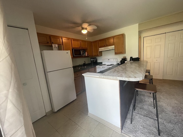 45 Nassau Colony Unit 4, Fox Lake, IL 60020 - kitchen with white appliances, under cabinet range hood, a peninsula, a breakfast bar area, and brown cabinetry