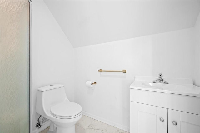 1280 Lawrence Ave, Lake Forest, IL 60045 - full bathroom with vanity, marble finish floors, vaulted ceiling, and a shower with shower door