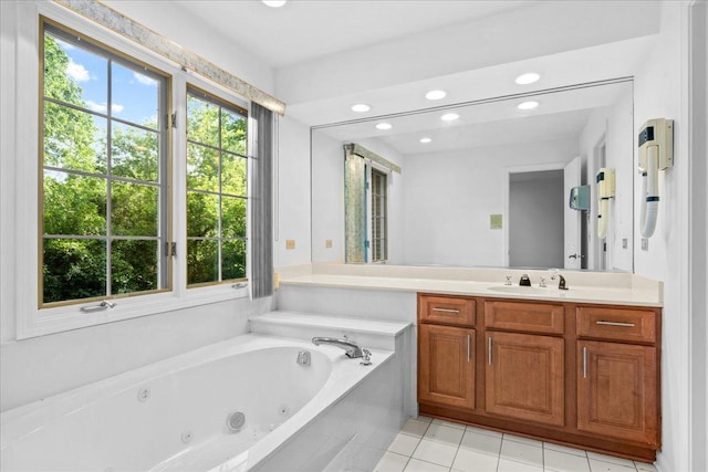 1280 Lawrence Ave, Lake Forest, IL 60045 - bathroom with vanity, a jetted tub, recessed lighting, and tile patterned flooring