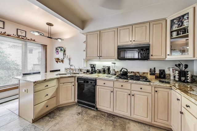 1003 Mapleton Ave, Oak Park, IL 60302 - kitchen featuring black appliances, a peninsula, light brown cabinetry, and glass insert cabinets