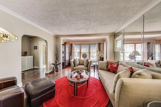 1003 Mapleton Ave, Oak Park, IL 60302 - living room featuring arched walkways, a textured ceiling, wood finished floors, and ornamental molding