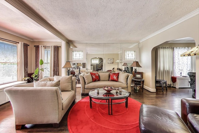 1003 Mapleton Ave, Oak Park, IL 60302 - living area with arched walkways, a textured ceiling, healthy amount of natural light, dark wood-style flooring, and crown molding