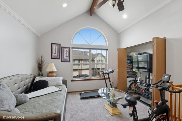 3749 W Glen Dr Unit 1001, Alsip, IL 60803 - workout room featuring a ceiling fan, carpet flooring, vaulted ceiling, recessed lighting, and crown molding