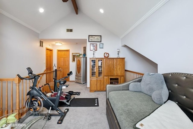 3749 W Glen Dr Unit 1001, Alsip, IL 60803 - exercise area with carpet, ornamental molding, high vaulted ceiling, recessed lighting, and ceiling fan