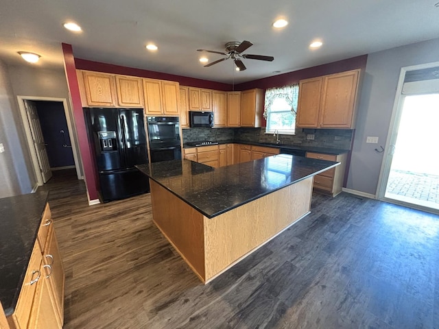 1805 Clarence Rd, Joliet, IL 60431 - kitchen with black appliances, ceiling fan, decorative backsplash, a center island, and recessed lighting